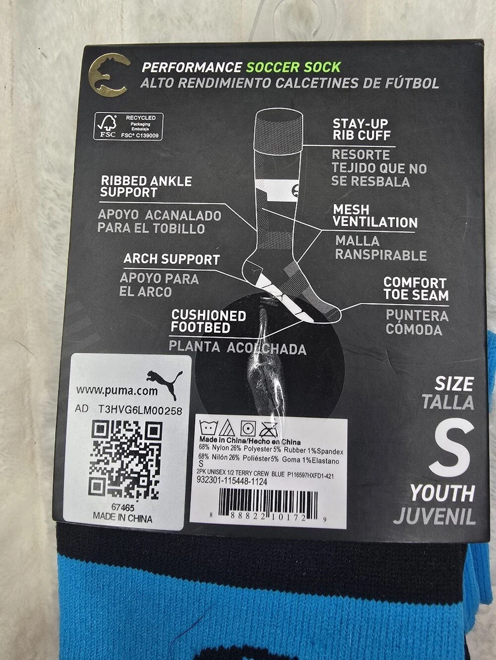 New Puma ProCat Youth Soccer Crew Socks - Black & Blue (2-Pack) Size 11-13